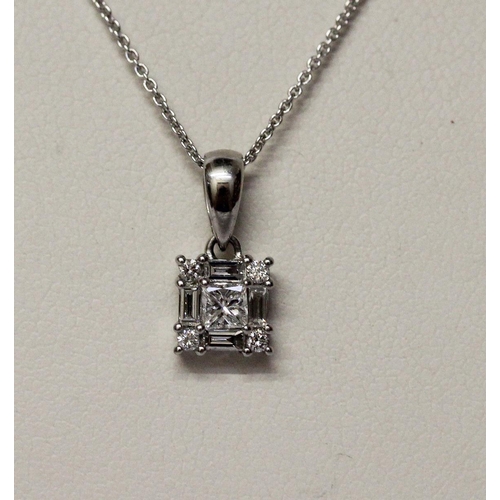 528 - Modern platinum and diamond Rhapsody cluster pendant on hallmarked platinum chain, weight 3.3gms