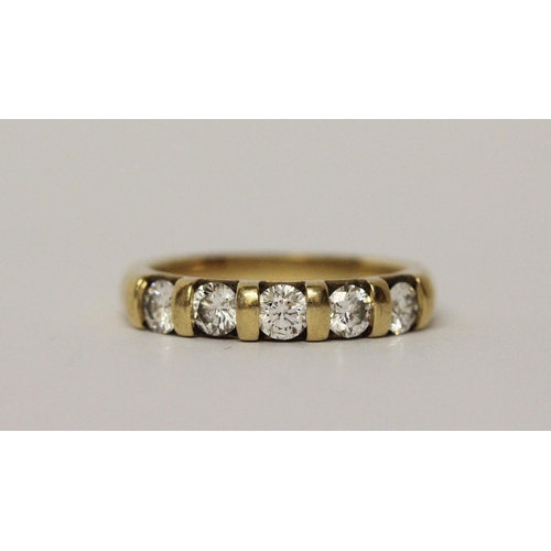 529 - 18ct yellow gold five stone diamond half hoop ring, hallmarked, ring size H, weight 3.3gms