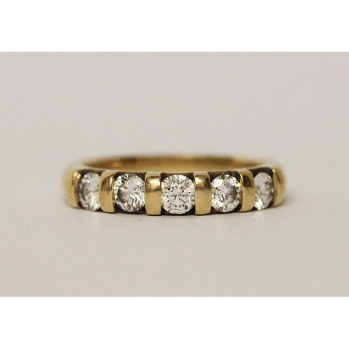 529 - 18ct yellow gold five stone diamond half hoop ring, hallmarked, ring size H, weight 3.3gms