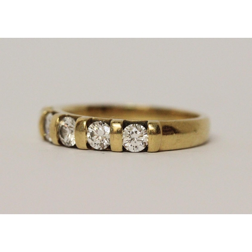 529 - 18ct yellow gold five stone diamond half hoop ring, hallmarked, ring size H, weight 3.3gms