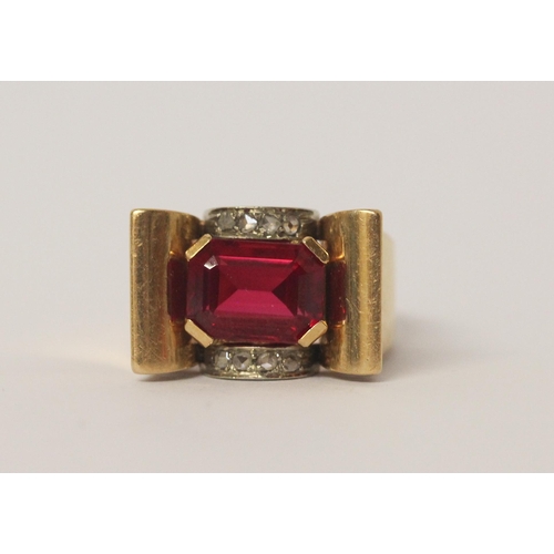 537 - 1940's Odeonesque ruby and diamond dress ring set in 18ct yellow gold, ring size P, 12.4gms