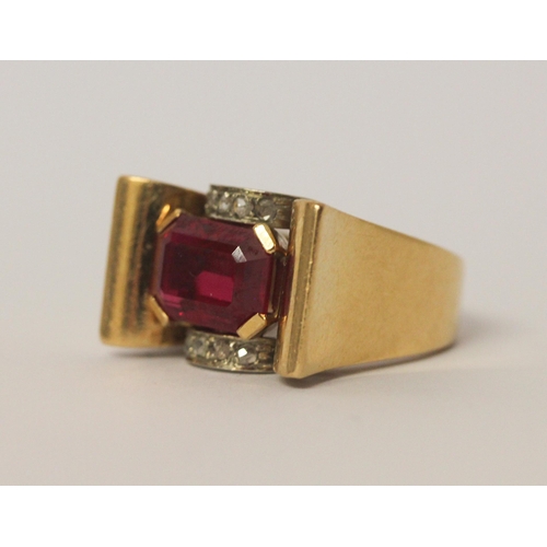 537 - 1940's Odeonesque ruby and diamond dress ring set in 18ct yellow gold, ring size P, 12.4gms