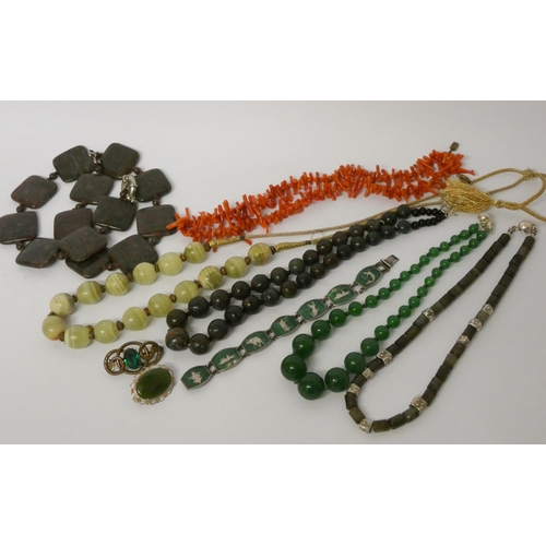 550 - Onyx vintage beads, enamel panel bracelet, stick coral necklace, agate beads etc