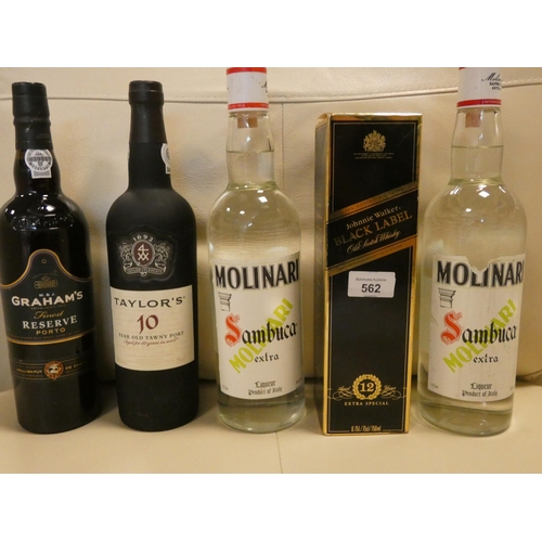 562 - Two bottles of 1ltr Molinari Sambuca, bottle of Taylors Tawny port, Grahams Finest Reserve port and ... 