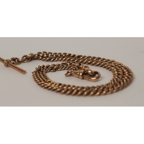 548 - A 9ct rose gold graduated link albert chain, with T bar fitted. Marked every link, length 46 cms, we... 