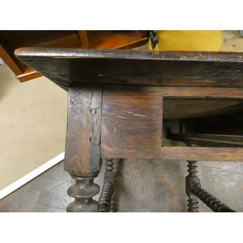 362 - An antique bobbin turned oak side table fitted drawers to each end, 28