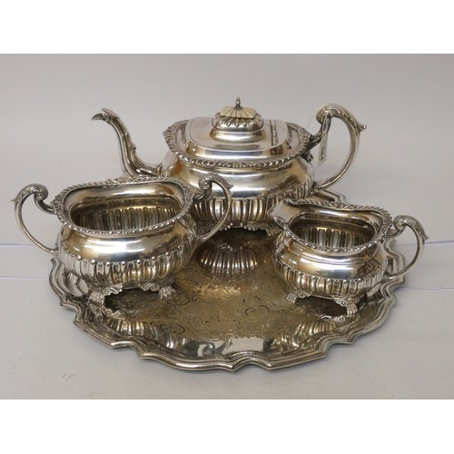 584 - A Walker & Hall silver plated three piece tea set, together with tray, pair of candlesticks and a wa... 