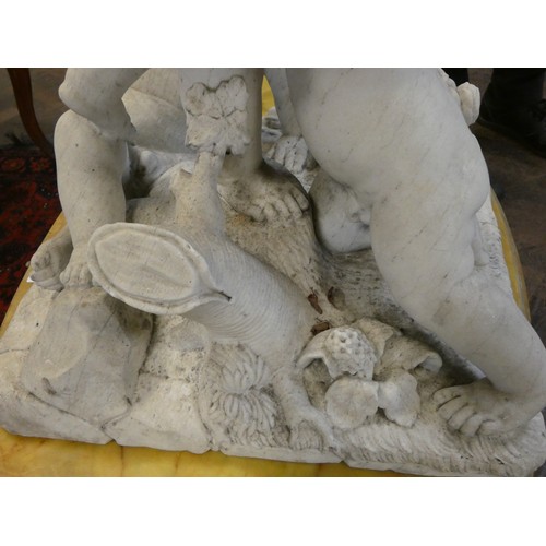 358 - A Victorian marble figure group of three cherubs playing on a square naturalistically carved base, 2... 