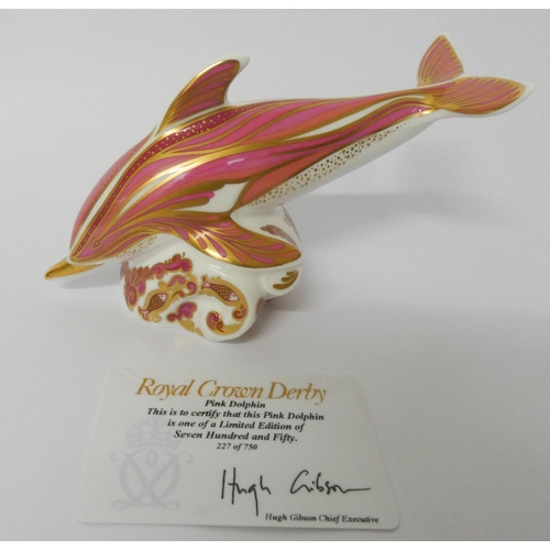 210 - A Royal Crown Derby Limited Edition pink dolphin paperweight with certificate