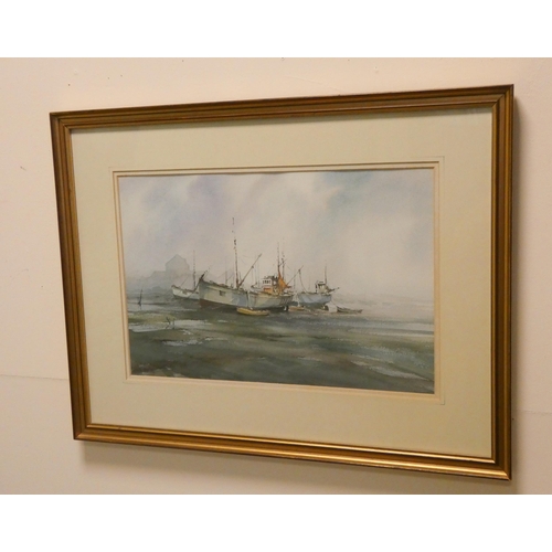 52 - Watercolour of beach boats 'A Misty Start' signed Peter Toms, 12