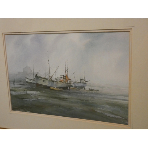 52 - Watercolour of beach boats 'A Misty Start' signed Peter Toms, 12