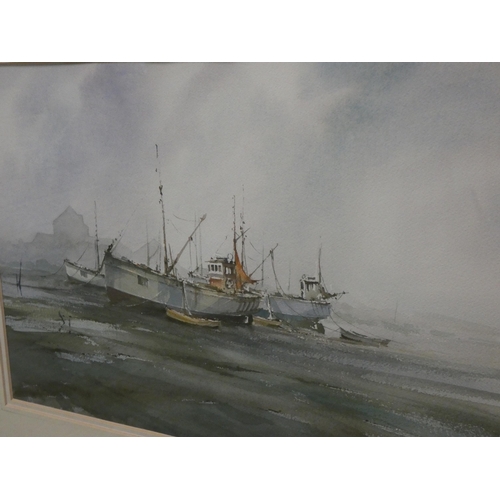 52 - Watercolour of beach boats 'A Misty Start' signed Peter Toms, 12