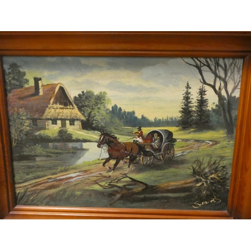 55 - A pair of Russian oil on canvas paintings depicting horse drawn carriages in pine frames, 12.5