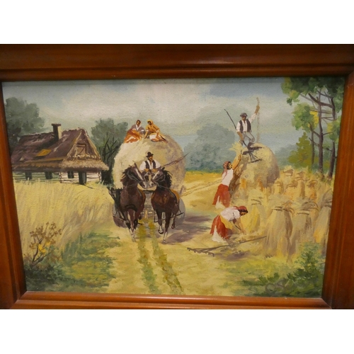 55 - A pair of Russian oil on canvas paintings depicting horse drawn carriages in pine frames, 12.5