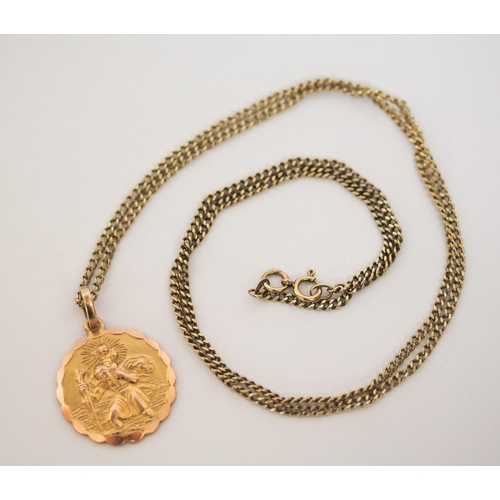 516 - 9ct yellow gold chain necklace, 64cms long, with 9ct gold St Christopher attached, 13.4gms