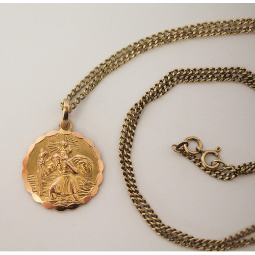 516 - 9ct yellow gold chain necklace, 64cms long, with 9ct gold St Christopher attached, 13.4gms