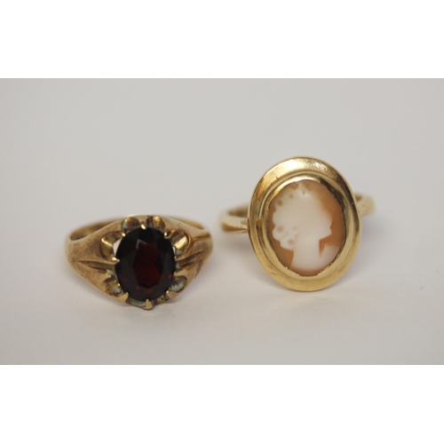 519 - 9ct gold garnet signet style ring size J and a 9ct gold cameo set ring size O