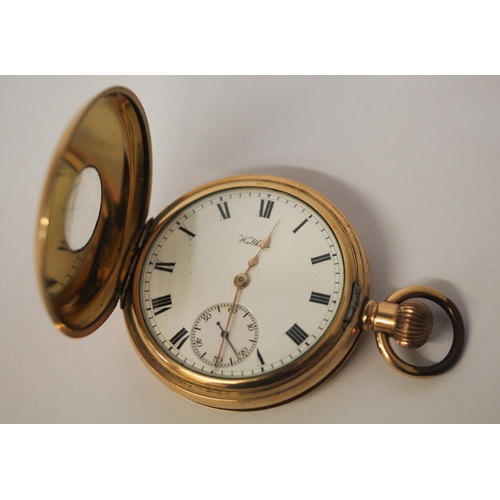 538 - Gold plated Waltham Traveller half hunter pocket watch, with engraved back case.