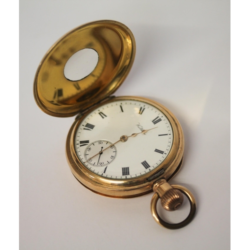 538 - Gold plated Waltham Traveller half hunter pocket watch, with engraved back case.