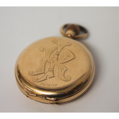 538 - Gold plated Waltham Traveller half hunter pocket watch, with engraved back case.