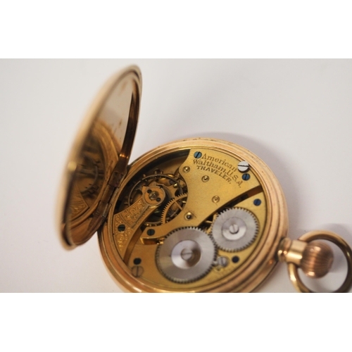 538 - Gold plated Waltham Traveller half hunter pocket watch, with engraved back case.