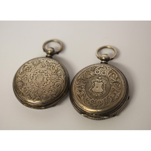 539 - Two Victorian silver open faced fob watches, both with engraved back covers.