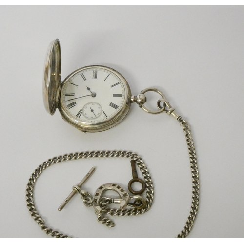 541 - Victorian American Waltham silver half hunter pocket watch, with silver albert watch chain with T ba... 