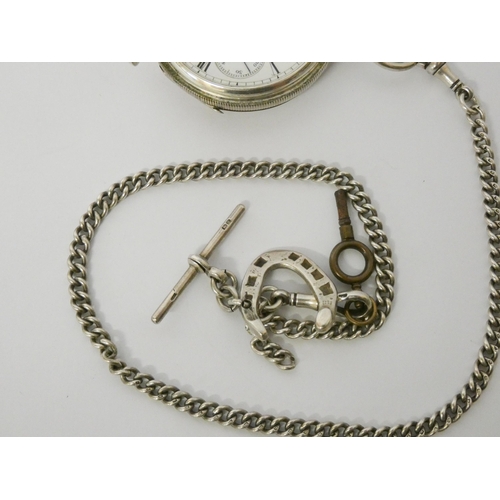 541 - Victorian American Waltham silver half hunter pocket watch, with silver albert watch chain with T ba... 