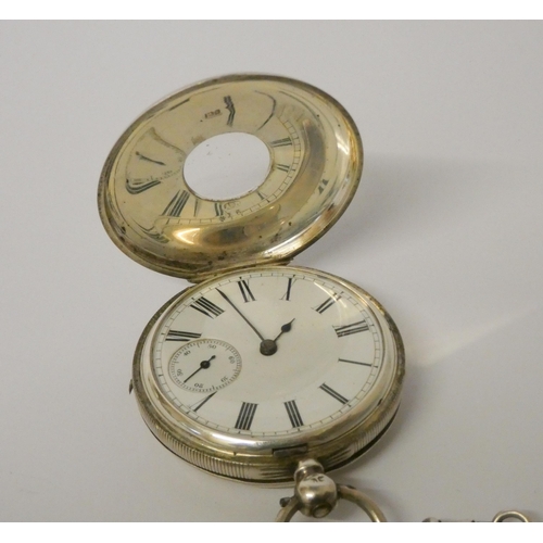 541 - Victorian American Waltham silver half hunter pocket watch, with silver albert watch chain with T ba... 