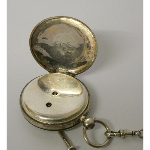 541 - Victorian American Waltham silver half hunter pocket watch, with silver albert watch chain with T ba... 