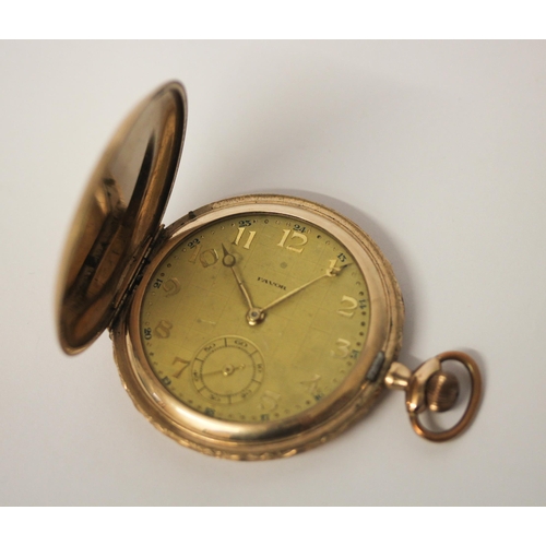 542 - An Art Deco gold plated full hunter pocket watch, by Favor, champagne dial with gilt Arabic numerals... 