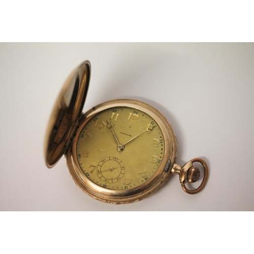 542 - An Art Deco gold plated full hunter pocket watch, by Favor, champagne dial with gilt Arabic numerals... 