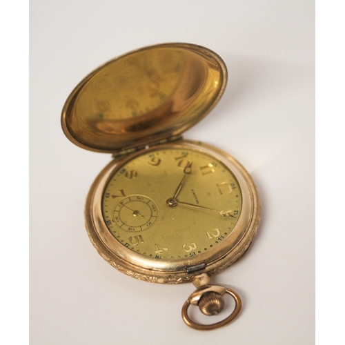 542 - An Art Deco gold plated full hunter pocket watch, by Favor, champagne dial with gilt Arabic numerals... 