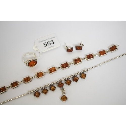 553 - Baltic amber silver jewellery - bracelet, ring, necklace and ear studs