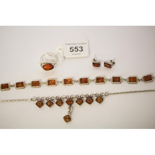 553 - Baltic amber silver jewellery - bracelet, ring, necklace and ear studs