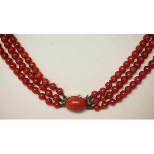 558 - Vintage red coral bead three strand necklace, with oval 18ct gold cabochon coral set clasp. With Gol... 