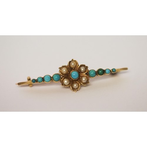 559 - Victorian 15ct gold seed pearl and turquoise bar brooch, 5 cms long. Marked on clasp 15c, 4.2 grams