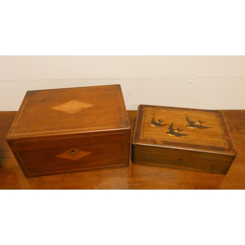 352 - A swallow decorated olive wood inlaid box and an Edwardian inlaid mahogany box