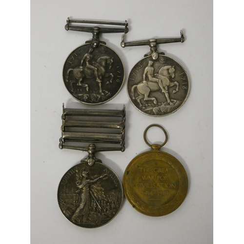 222 - Three WWI medals together with a Queen South Africa medal with three bars awarded to 31239 Private P... 