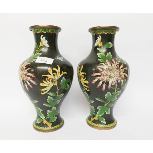 243 - A pair of Japanese Cloisonné vases decorated with flowers and birds on a black ground, 26cms tall