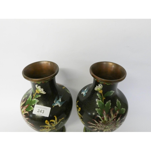 243 - A pair of Japanese Cloisonné vases decorated with flowers and birds on a black ground, 26cms tall