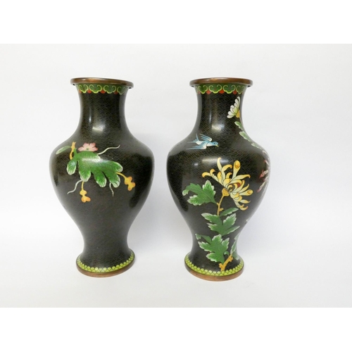 243 - A pair of Japanese Cloisonné vases decorated with flowers and birds on a black ground, 26cms tall