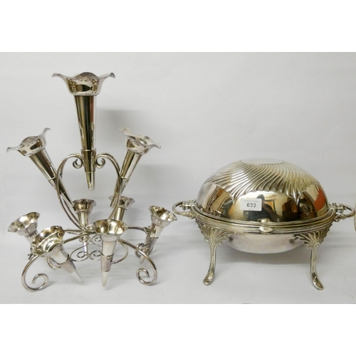 633 - A large silver plated table centrepiece epergne and a large silver plated breakfast serving dish