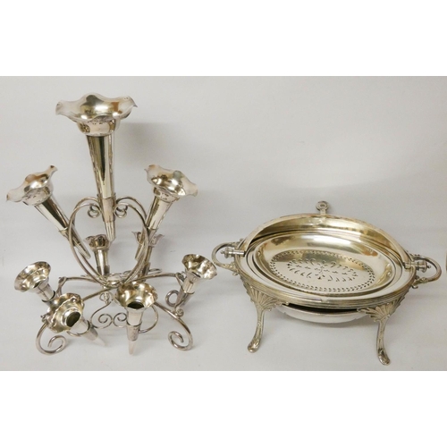 633 - A large silver plated table centrepiece epergne and a large silver plated breakfast serving dish