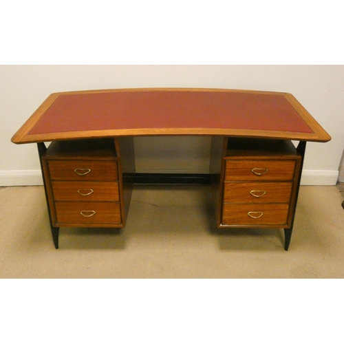 310 - A mahogany kneehole desk fitted six drawers with concave shaped top inset with faux red leather, 4'6... 