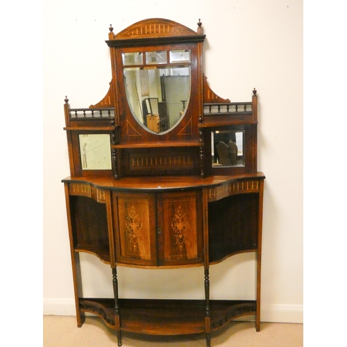 401 - Edwardian inlaid rosewood shaped front side cabinet fitted cupboard, shelves and mirror and trinket ... 