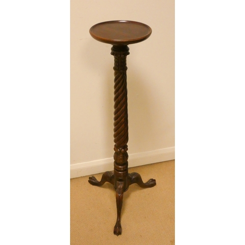 404 - A mahogany barley twist column torchiere standing on paw feet