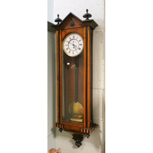 424 - A Vienna regulator drop dial wall clock with brass pendulum and weights