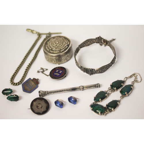 525 - Malachite bracelet and earrings, silver propelling pencil, silver badges, white metal pill box etc