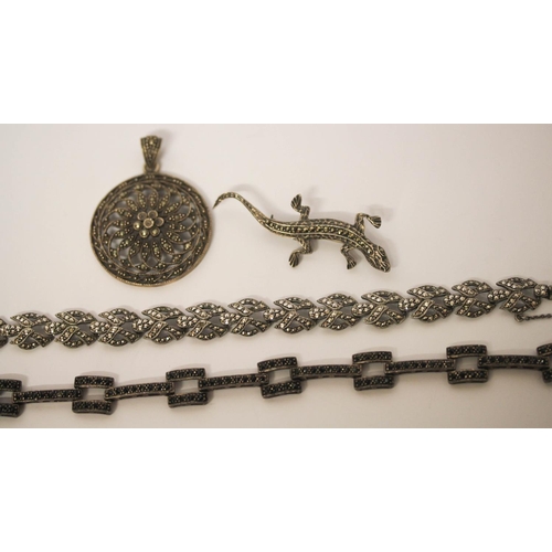 526 - Art Deco marcasite panel bracelets, large circular marcasite pendant and a Gecko brooch